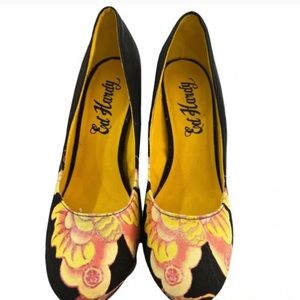 Ed Hardy Tattoo sz 8 Black Textile Stiletto Pumps
